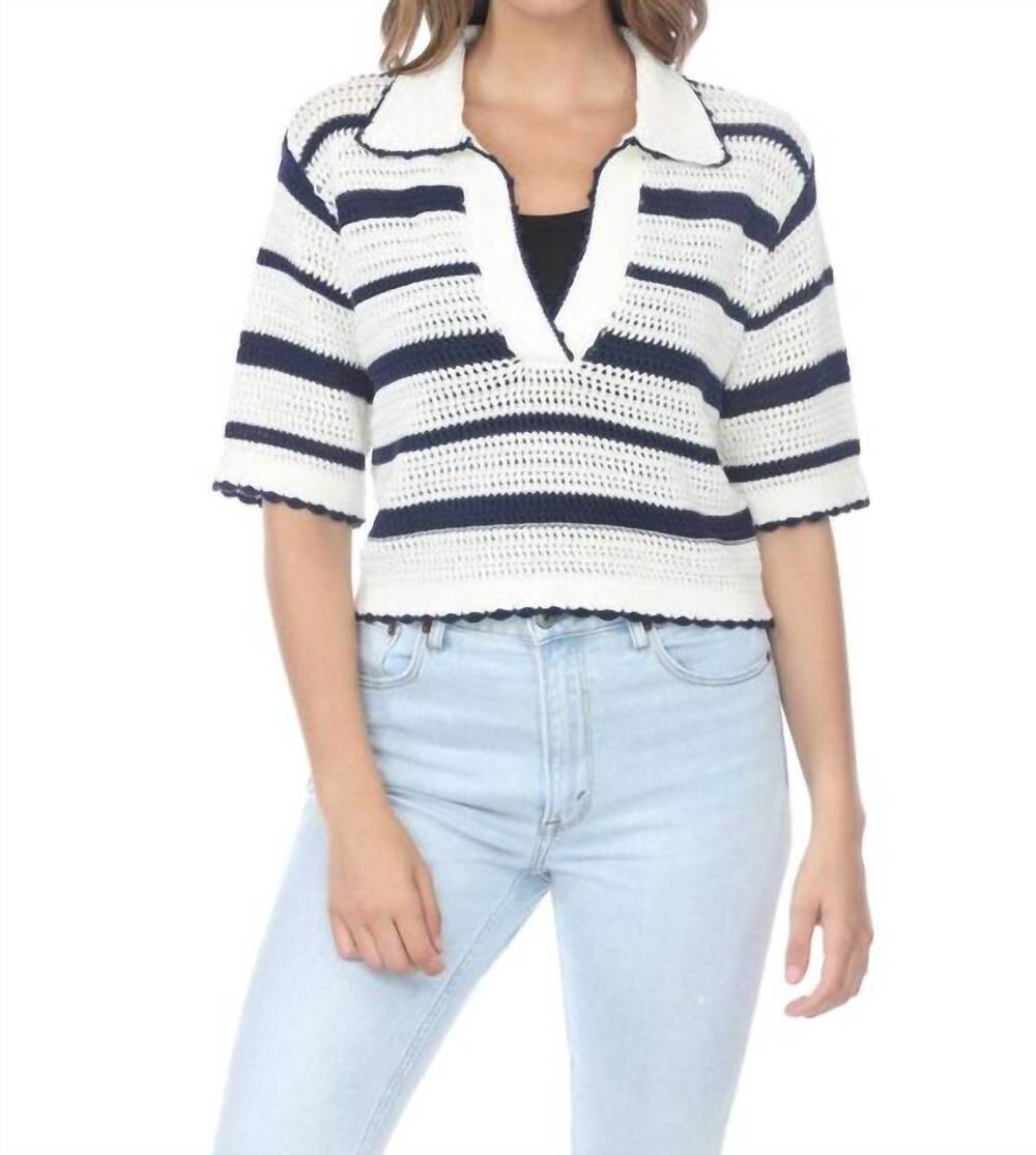 NEW RAIN + ROSE women's kismet knit stripe top in white and navy stripes